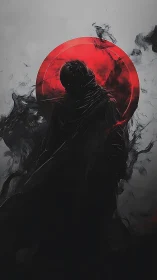 Shrouded dark figure before red circular halo in smoke.