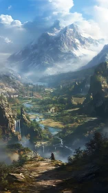 Lone wanderer crossing vast misty valley toward snowy peaks.