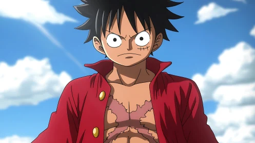 Determined anime pirate hero stands under bright sky.