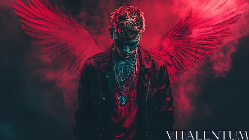 Neon red fallen angel portrait with wings in smoky void.