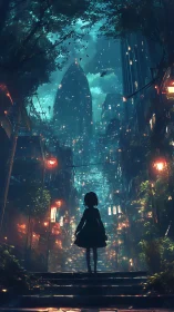 Silhouette girl facing neon city canyon under teal sky.