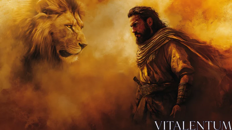 Warrior and lion confront each other in blazing golden dust