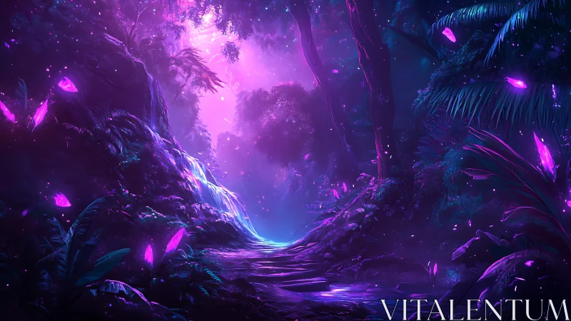Bioluminescent forest pathway with luminous violet crystals.
