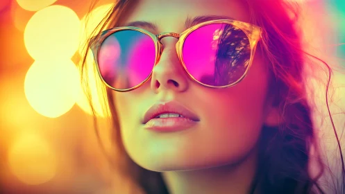 Portrait of woman in mirrored sunglasses with neon bokeh.