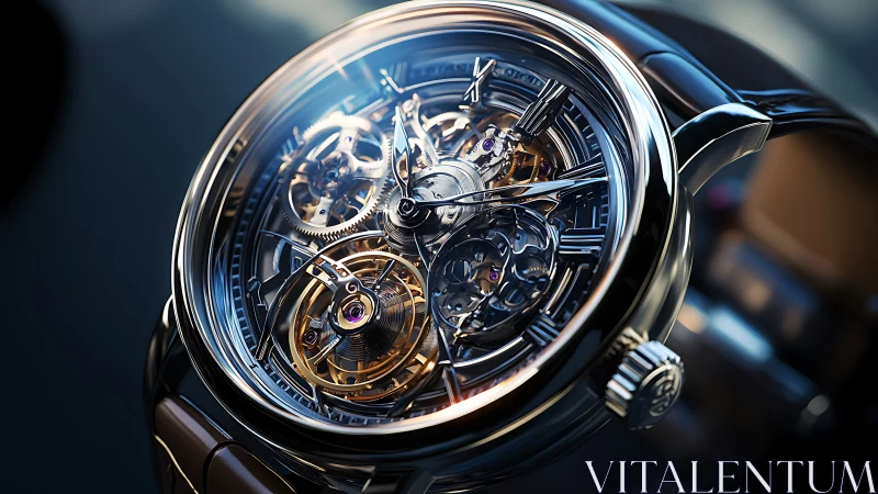 Photorealistic skeleton tourbillon watch with luminous micro-mechanics.