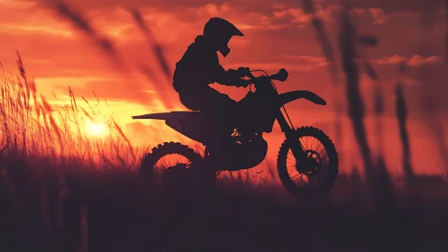 Silhouetted dirt biker rides through blazing sunset sky