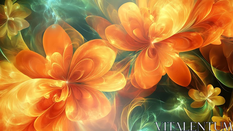 Fractal orange blossoms swirling through luminous light field.