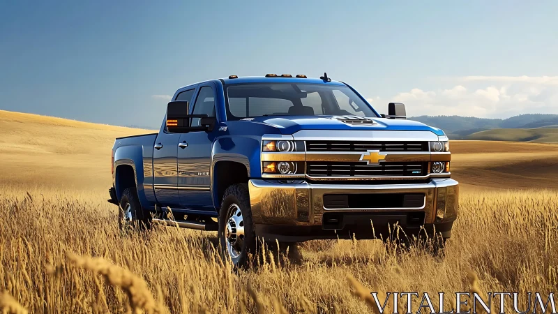 Heavy-duty blue pickup truck with chrome accents in grain field