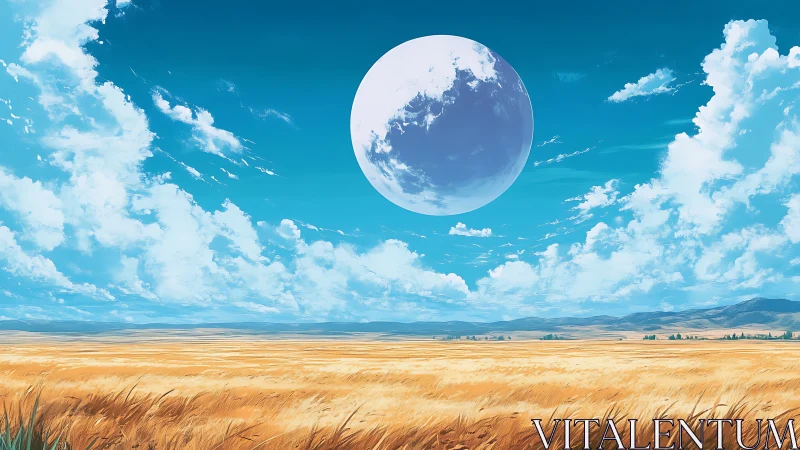 Vast wheat plain under oversized celestial body and high cumulus