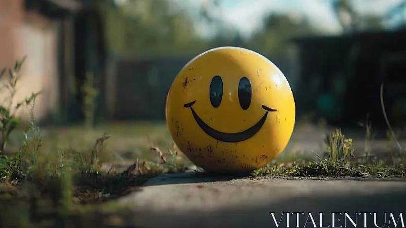 Weathered yellow smiley ball on cracked urban pavement.