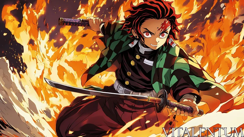 Fiery katana warrior charging through explosive flames.