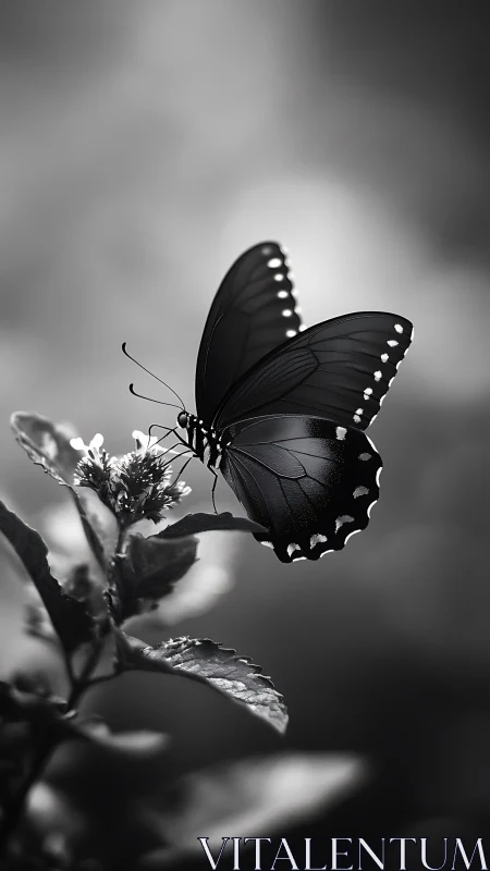 Monochrome macro profile of swallowtail butterfly on foliage