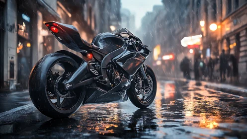Midnight superbike hums quietly through neon-drenched rain