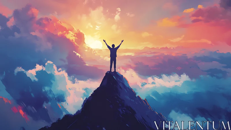 Silhouette on summit against radiant sunset sky palette.