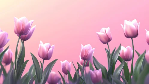 Pink Tulips Against Gradient Sky: Botanical Rendering Study. Digital.