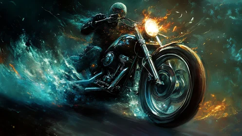 Motorcycle rider cuts through fire and water at high speed