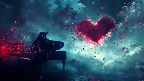 Midnight piano ignites luminous storm of crimson hearts.