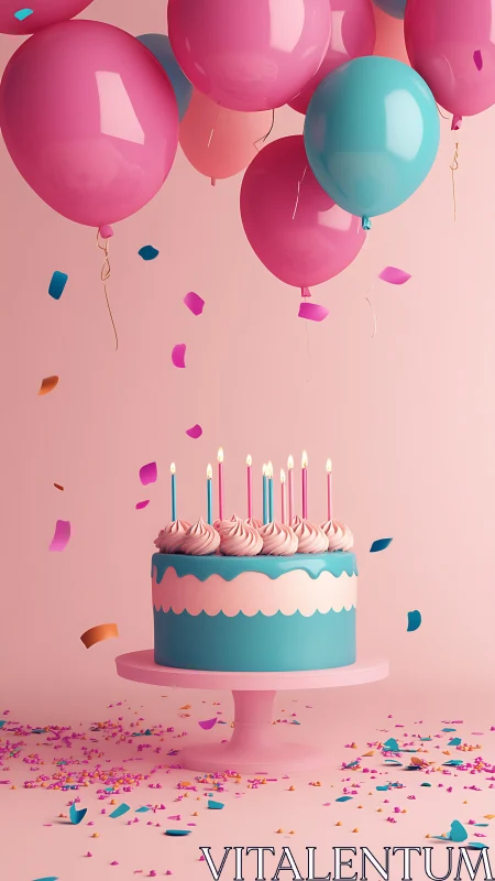 Cheerful Birthday Celebration with Balloons and Cake.