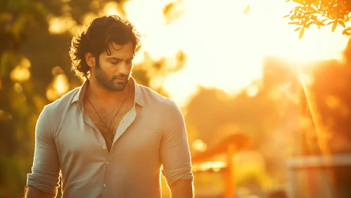 Photorealistic sunset portrait in warm backlit framing.