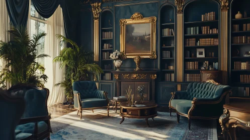 Neoclassical reading salon renders tufted seating, gilt molding