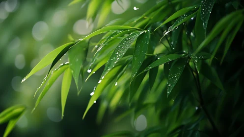 Rain-kissed bamboo leaves glisten softly in tranquil green light