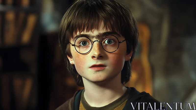 Young boy with round glasses in soft indoor lighting.