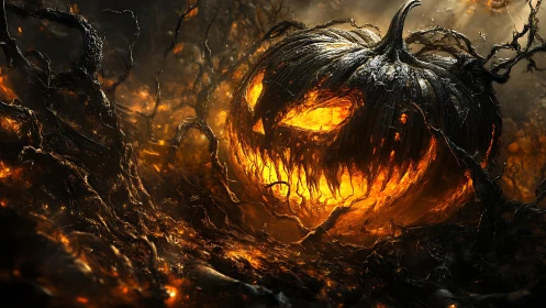 Infernal pumpkin king brews fire in a snarled dead forest.