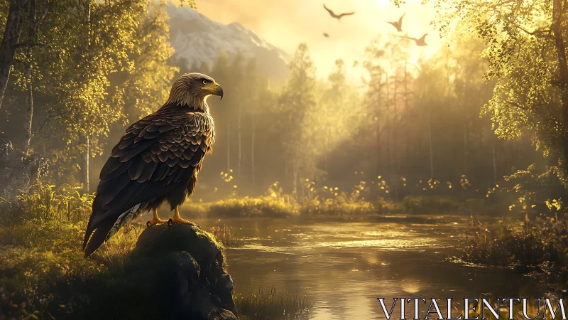 Majestic eagle perched by a sunlit forest river, photorealistic style.