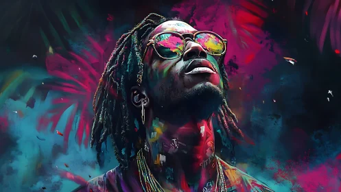 Neon-soaked portrait of reflective man in vibrant abstraction.