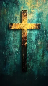 Radiant golden cross on textured teal abstract field.