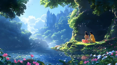 Enchanted riverside couple gaze toward distant crystal castle.