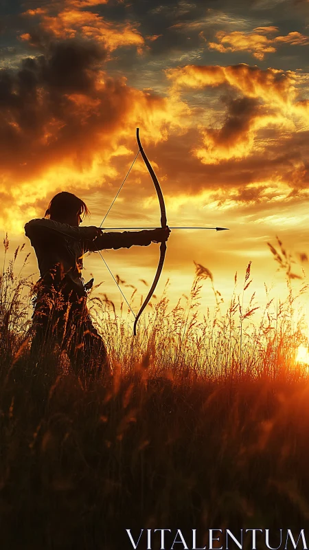 Silhouetted archer draws bow in tall grass at sunset sky