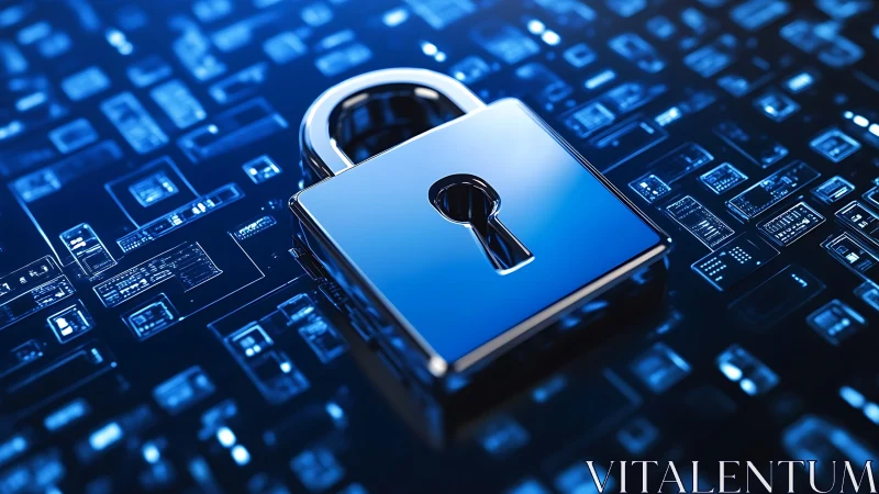 Chromed padlock symbolizing encrypted data on digital circuit plane