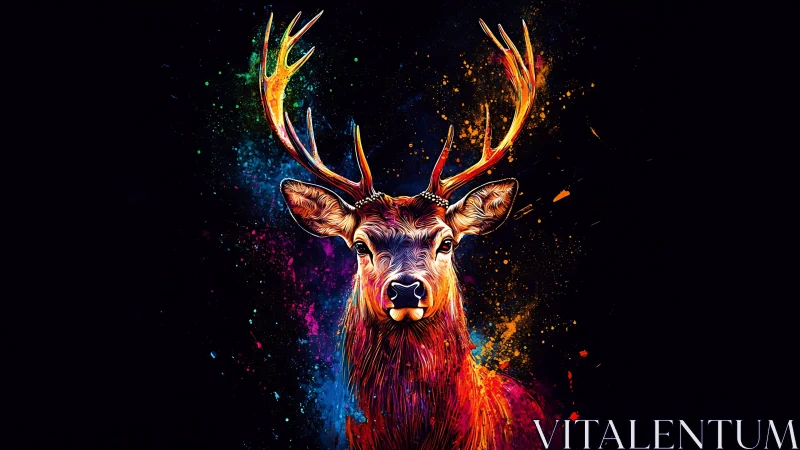 Luminous stag erupts in neon splashes against midnight silence.