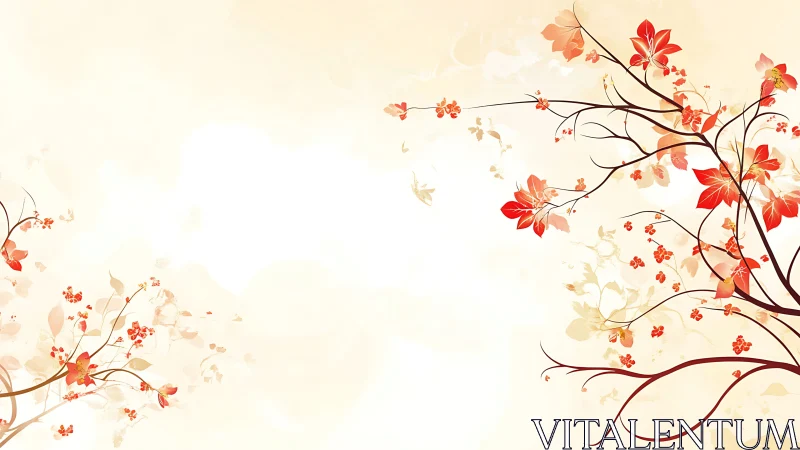 Delicate red blossoms drift across a soft cream sky.