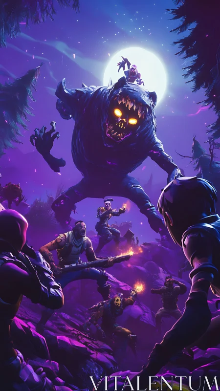 Squad assaults luminous-eyed monster under high-contrast moonlit sky