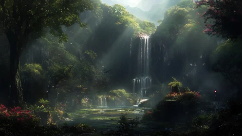 Sunlit hidden waterfall garden wrapped in misty forest calm.