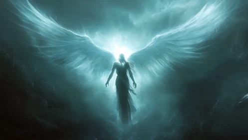 Celestial winged figure emerging from luminous storm clouds.