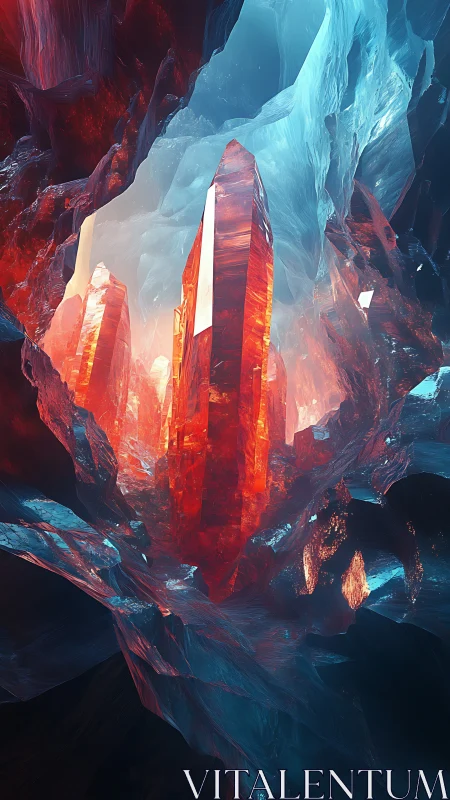 Digital painting of crystalline cavern with glowing red spires.