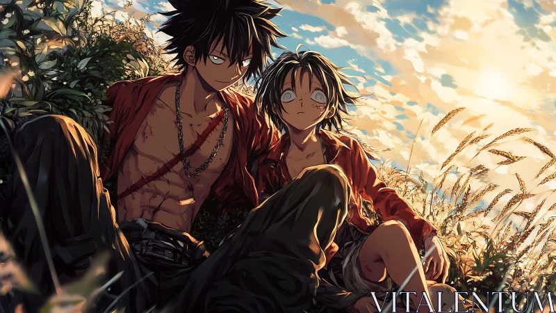 Sunlit anime brothers rest in overgrown summer meadow