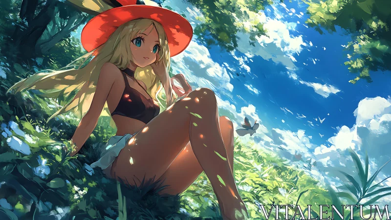 Anime girl in red sunhat resting in bright forest clearing.