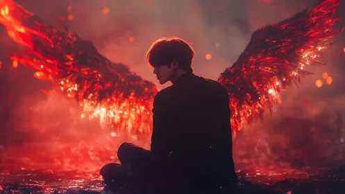 Backlit figure with incandescent red wings in smoky low-key scene