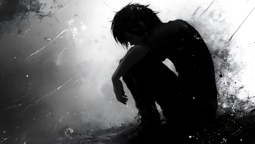 Solitary anime boy in monochrome grunge silhouette artwork.
