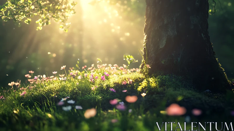 Forest sunlight paints a secret meadow around an ancient tree