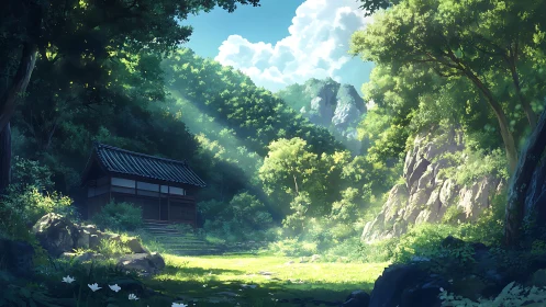 Sunlit forest retreat with secluded traditional house scene.