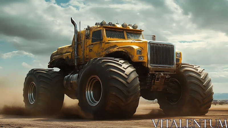 Yellow desert monster truck kicking dust clouds at speed.