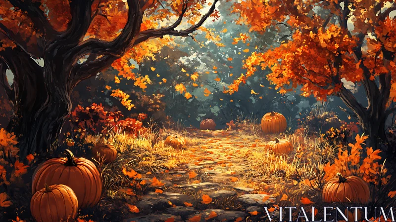 Pumpkins quietly guard a golden leaf lit autumn forest path