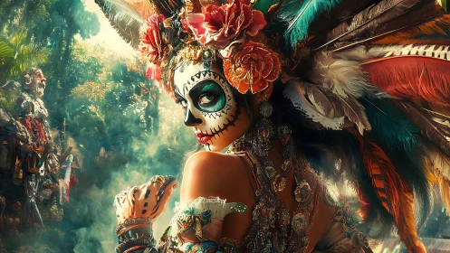 Mystic calavera queen gazes back amid lush jungle haze