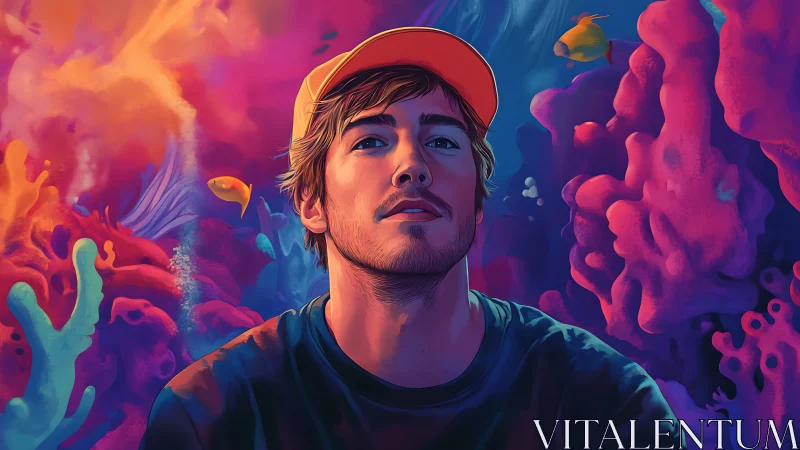 Dreamy underwater portrait bathes a young man in neon light