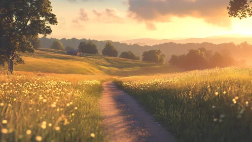 Dirt path crosses sunlit meadow toward distant tree line.